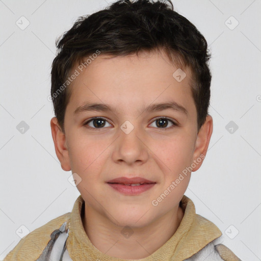 Joyful white child male with short  brown hair and brown eyes