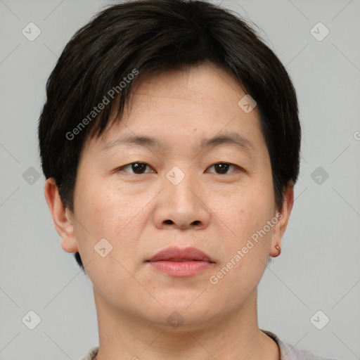 Joyful asian adult male with short  brown hair and brown eyes