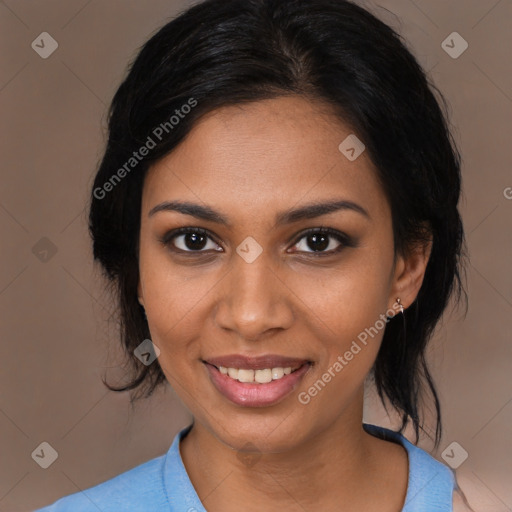 Joyful black young-adult female with medium  black hair and brown eyes