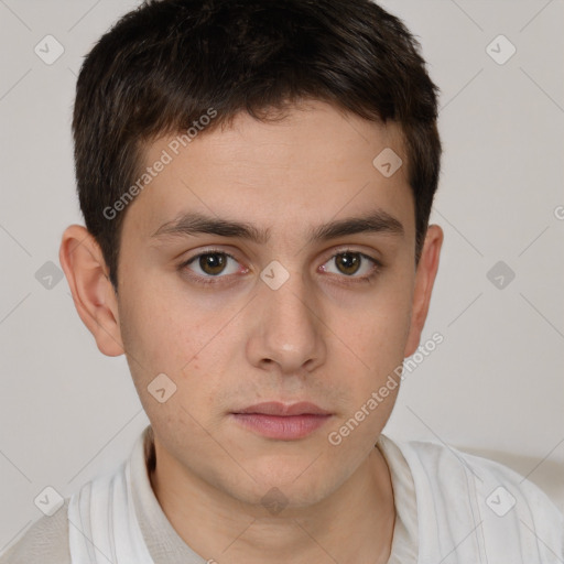 Neutral white young-adult male with short  brown hair and brown eyes