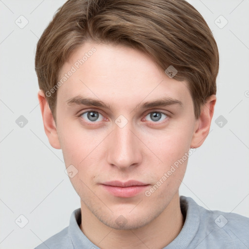 Neutral white young-adult male with short  brown hair and grey eyes