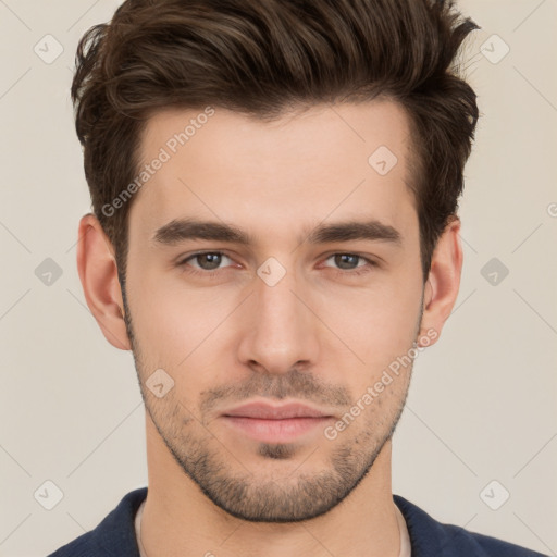 Neutral white young-adult male with short  brown hair and brown eyes