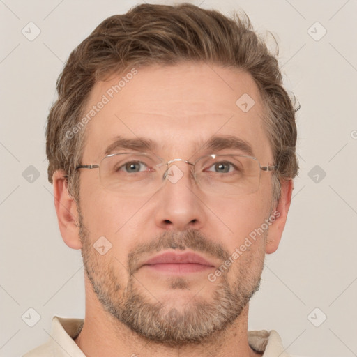 Neutral white adult male with short  brown hair and grey eyes