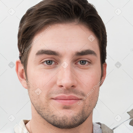 Neutral white young-adult male with short  brown hair and grey eyes