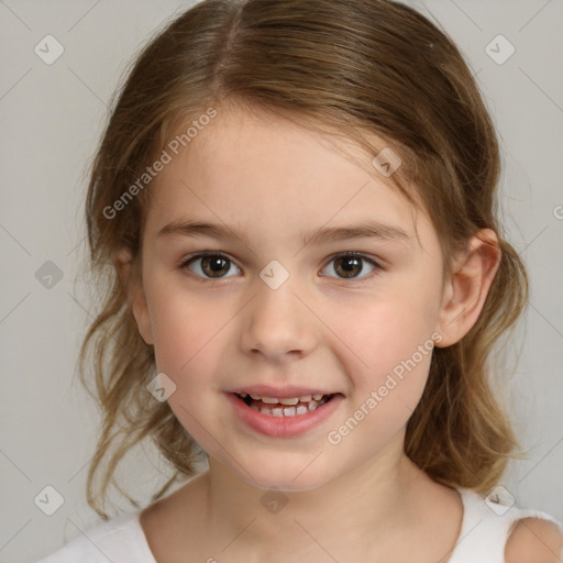 Joyful white child female with medium  brown hair and brown eyes