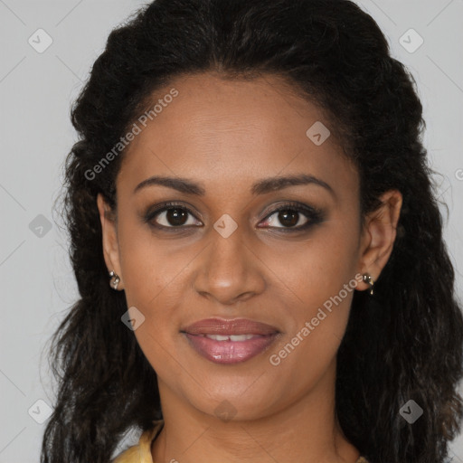 Joyful black young-adult female with long  brown hair and brown eyes