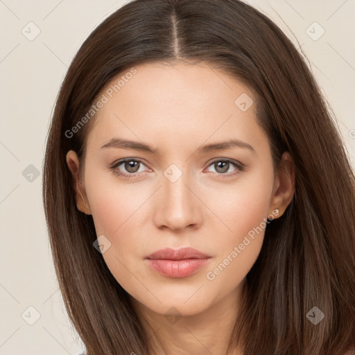 Neutral white young-adult female with long  brown hair and brown eyes