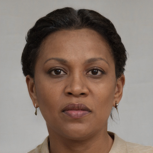 Neutral black adult female with short  brown hair and brown eyes