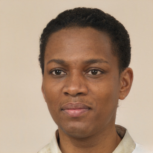 Neutral black young-adult female with short  black hair and brown eyes