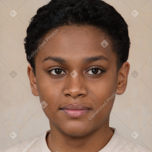 Neutral black young-adult female with short  black hair and brown eyes