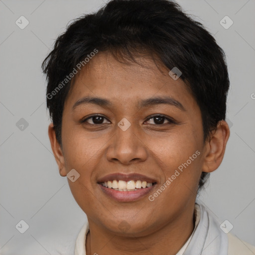 Joyful asian young-adult female with short  brown hair and brown eyes