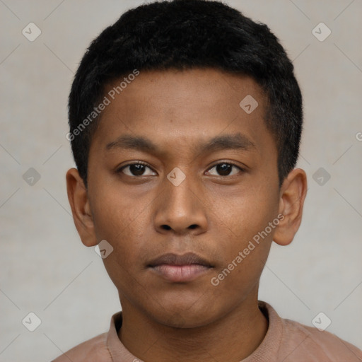Neutral latino young-adult male with short  black hair and brown eyes