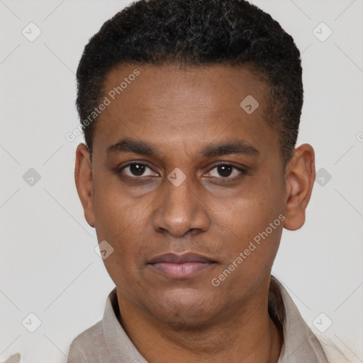 Neutral latino young-adult male with short  brown hair and brown eyes