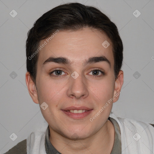 Joyful white young-adult female with short  brown hair and brown eyes