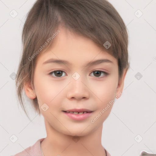 Joyful white child female with short  brown hair and brown eyes