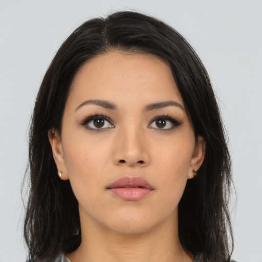 Neutral asian young-adult female with long  black hair and brown eyes