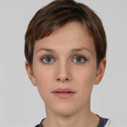 Neutral white young-adult female with short  brown hair and brown eyes