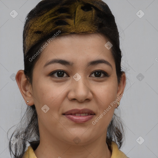 Joyful latino young-adult female with medium  brown hair and brown eyes