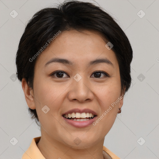 Joyful asian young-adult female with short  brown hair and brown eyes
