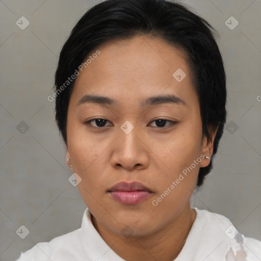 Neutral asian young-adult female with short  black hair and brown eyes