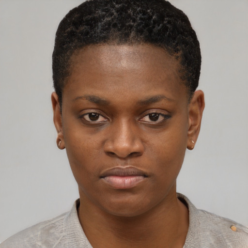 Neutral black young-adult female with short  black hair and brown eyes