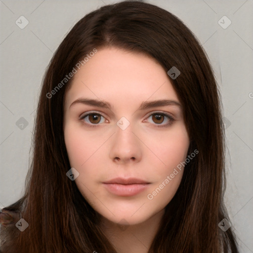 Neutral white young-adult female with long  brown hair and brown eyes