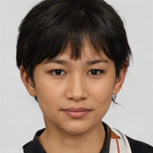 Neutral asian young-adult female with medium  brown hair and brown eyes