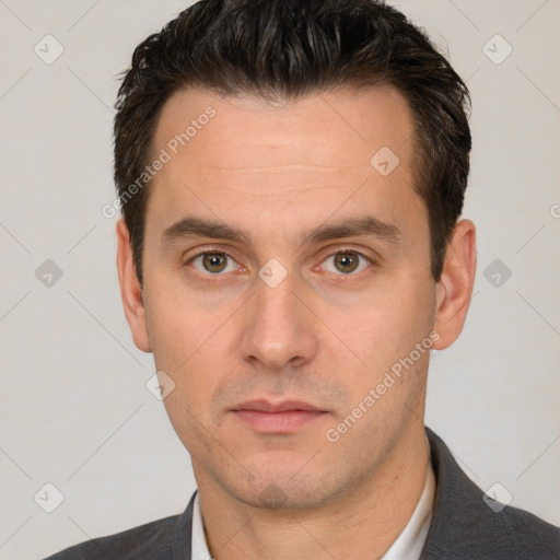 Neutral white adult male with short  brown hair and brown eyes