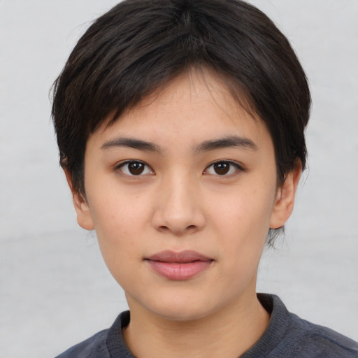 Neutral asian young-adult female with short  black hair and brown eyes