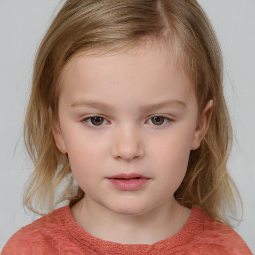 Neutral white child female with medium  brown hair and blue eyes