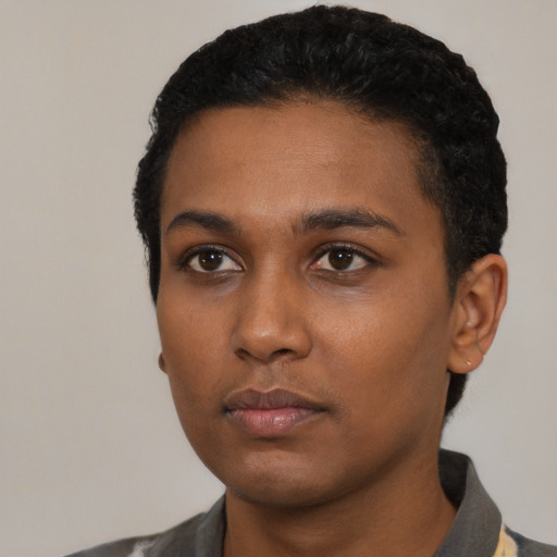 Neutral black young-adult female with short  black hair and brown eyes