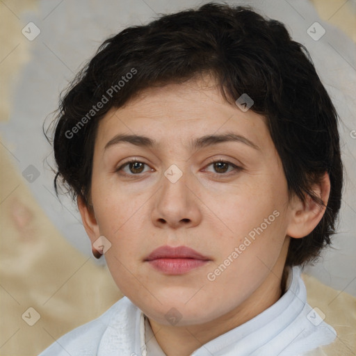 Neutral white young-adult female with medium  brown hair and brown eyes