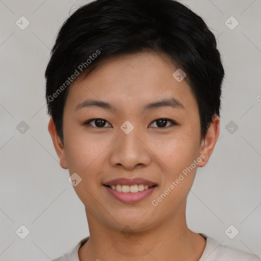 Joyful asian young-adult female with short  black hair and brown eyes