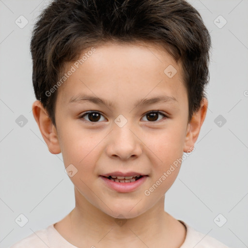 Joyful white child male with short  brown hair and brown eyes