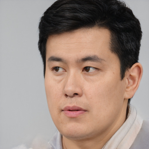 Neutral asian young-adult male with short  black hair and brown eyes