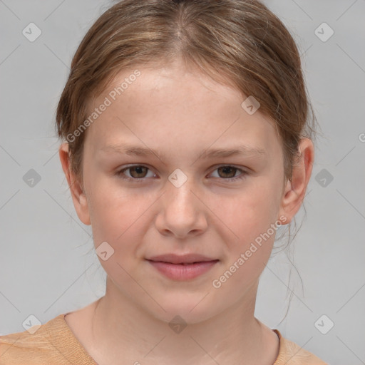 Joyful white child female with medium  brown hair and brown eyes