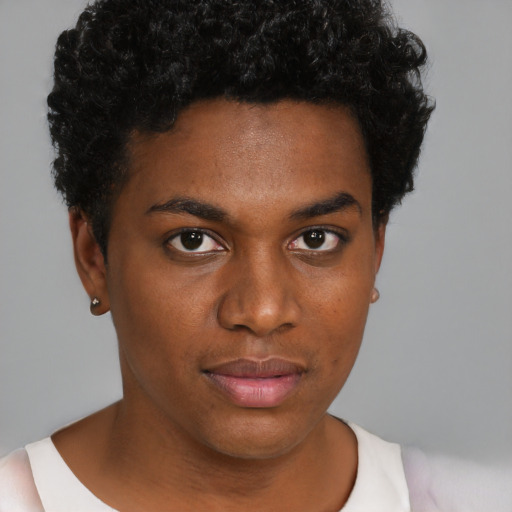Neutral black young-adult female with short  black hair and brown eyes