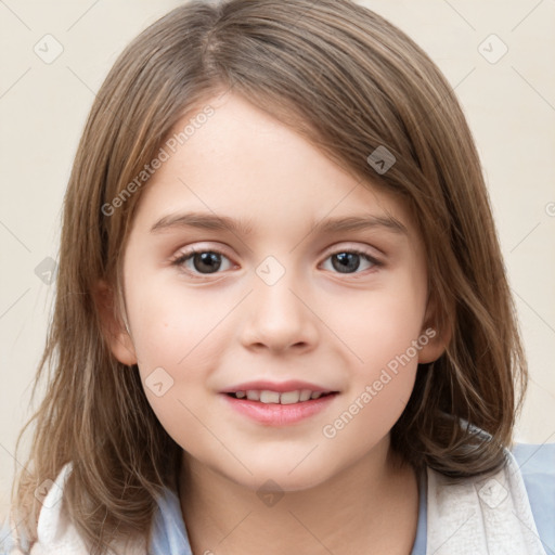 Joyful white child female with medium  brown hair and grey eyes