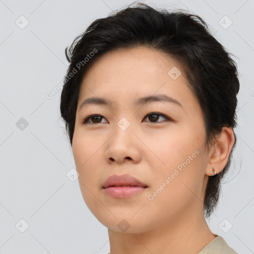 Neutral asian young-adult female with short  brown hair and brown eyes