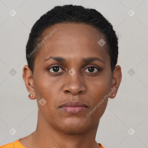 Neutral black young-adult female with short  brown hair and brown eyes