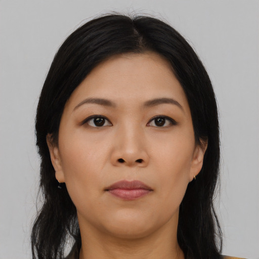 Neutral asian young-adult female with long  black hair and brown eyes