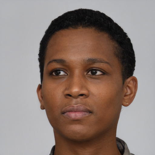 Neutral black young-adult female with short  black hair and brown eyes