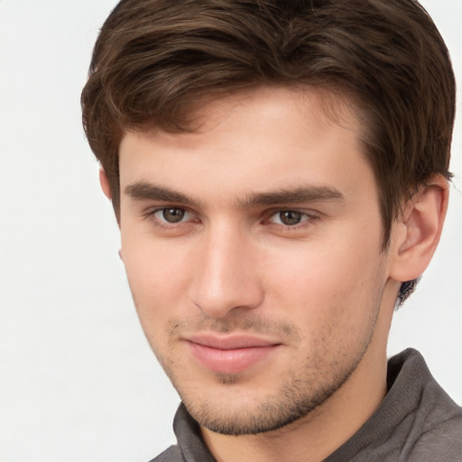 Neutral white young-adult male with short  brown hair and brown eyes