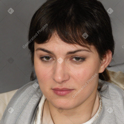 Neutral white young-adult female with short  brown hair and brown eyes