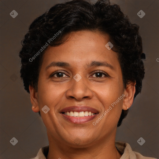 Joyful white adult female with short  brown hair and brown eyes