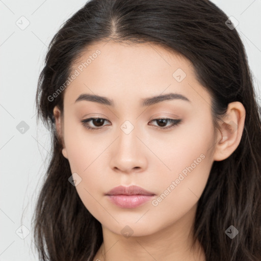 Neutral asian young-adult female with long  brown hair and brown eyes