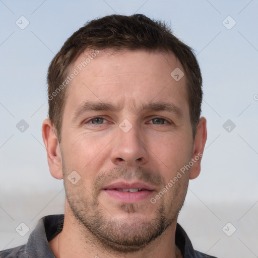 Neutral white adult male with short  brown hair and brown eyes