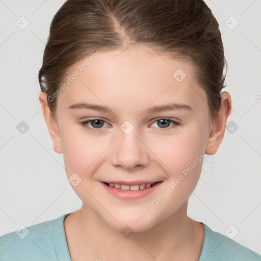 Joyful white child female with short  brown hair and brown eyes