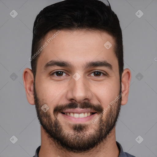 Joyful white young-adult male with short  brown hair and brown eyes