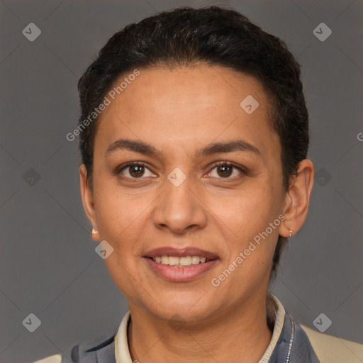 Joyful white adult female with short  brown hair and brown eyes